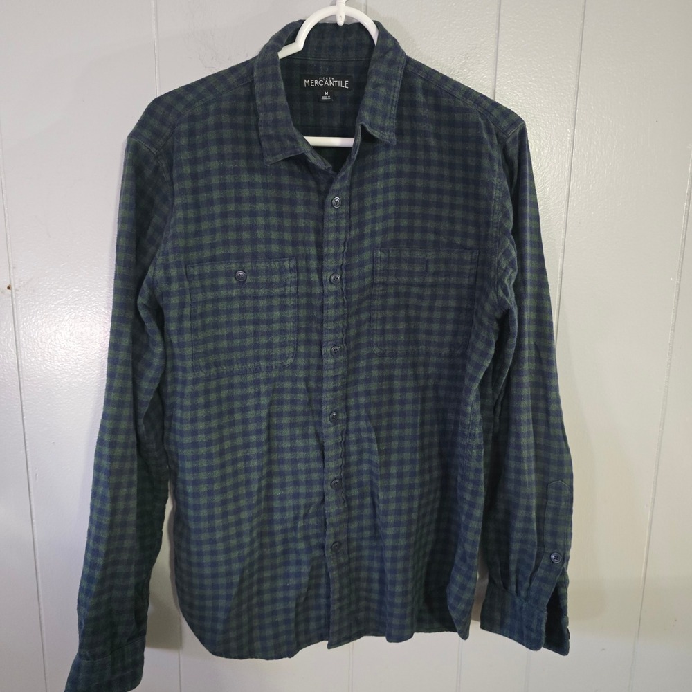 J.Crew Mercantile Flannel Shirt Mens M Blue‎ Green Plaid Button Down 100 Cotton